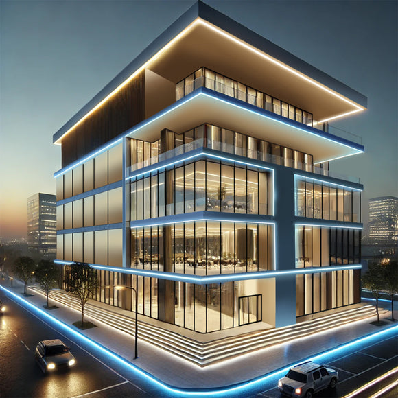 Side bend neon LED lights are used for outdoor building illumination.