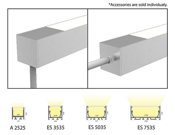 Power lead cable position options and available aluminum channel options for the 120VAC COB LED strip lights.