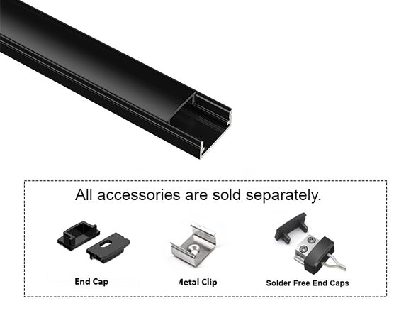 GL LED Slim Flat YD-1205 Black Aluminum Channel with Black Diffuser for LED strips. Accessories, including End Cap, Metal Clip, and Solder-Free End Caps, are displayed below (sold separately).