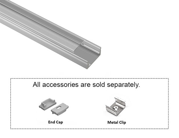 GL LED Slim Flat GLQ-1709 Silver Aluminum Channel with Clear Diffuser for LED strips. Accessories, including End Cap, Metal Clip, and Solder-Free End Caps, are displayed below (sold separately).
