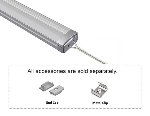 GL LED Slim Flat GLQ-1709 Silver Aluminum Channel with solder-free LED Strip Light End Cap with Clear Diffuser for LED strips. Accessories, including End Cap and Metal Clip, are displayed below (sold separately).