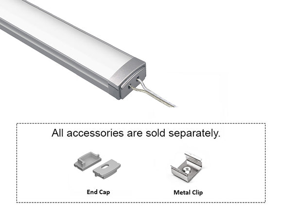 GL LED Slim Flat GLQ-1709 Aluminum Channel with solder-free LED Strip Light End Cap with Milky Diffuser for LED strips. Accessories, including End Cap and Metal Clip, are displayed below (sold separately).