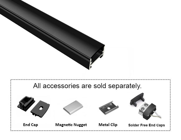 GL LED Slim Flat SL GLQ-1711 Black Aluminum Channel with Black Diffuser for LED strips, designed for subtle and elegant light diffusion in modern lighting installations. The durable anodized aluminum body offers superior heat dissipation and a sleek, professional appearance. Accessories, including End Cap, Magnetic Nugget, Metal Clip, and Solder-Free End Caps, are displayed below (sold separately).