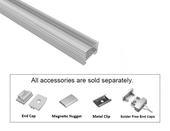 GL LED Slim Flat SL GLQ-1711 Silver Aluminum Channel with Clear Diffuser for LED strips, designed for precise light diffusion. The durable anodized aluminum body offers superior heat dissipation and a sleek, professional appearance. Accessories, including End Cap, Magnetic Nugget, Metal Clip, and Solder-Free End Caps, are displayed below (sold separately).