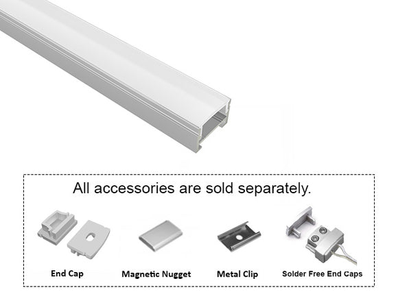GL LED Slim Flat SL GLQ-1711 Silver Aluminum Channel with Milky Diffuser for LED strips, designed for smooth and even light diffusion in modern lighting installations. The durable anodized aluminum body offers superior heat dissipation and a sleek, professional appearance. Accessories, including End Cap, Magnetic Nugget, Metal Clip, and Solder-Free End Caps, are displayed below (sold separately).