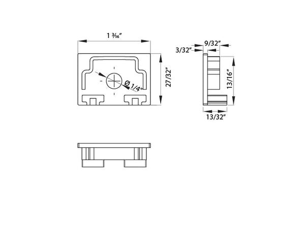 Dimensions of end caps for aluminum channel ES-3021. The length is 1-3/16", and the height is 27/32".