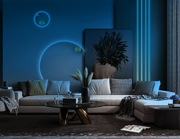 Stylish blue 3D neon light fixture mounted in a contemporary living room, casting a cool ambient glow and serving as a decorative focal point.