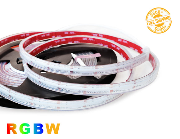 COB RGBW LED Strip Light Series 24VDC wet rated IP65 lights and a label for free shipping on orders over $500.