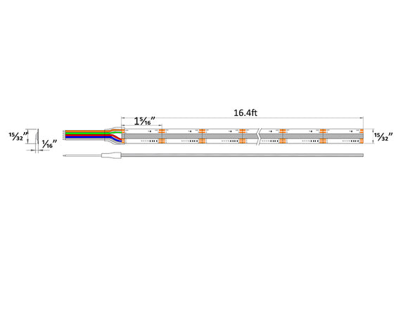 Dimensions for the RGB+W COB LED Strip Light Series 24VDC wet rated IP 65 lights.