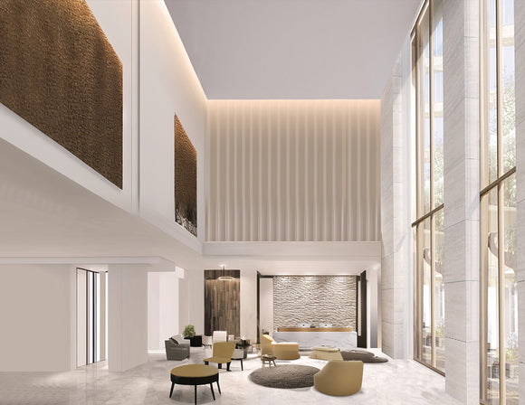 COB LED strip recessed into the hall ceiling emits soft 3000K warm light, combining decorative appeal with functional lighting.