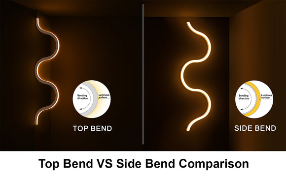 Comparison of light emission and curve shape of Top Bend and Side Bend neon strips on a wall.