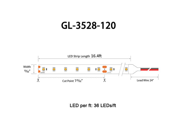 Dimensions for the ECO Series GL-3528-120_24VDC low voltage dimmable LED strip lights.