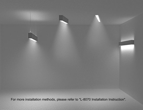 A picture showing different installation methods for GL LED L8070 linear light fixtures, including ceiling suspension, surface mounted, wall mounted, and ceiling recessed.