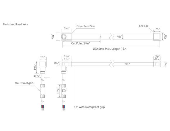 Dimensions for the waterproof SWIMMING POOL Series 24VDC low voltage dimmable RGB LED strip lights.