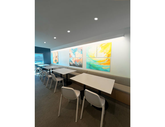 Professional wall wash lighting with L8070 LED linear light in restaurant interior, enhancing wall texture and highlighting hanging artworks