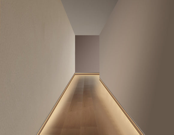 J016B shallow recessed aluminum profile for wall skirting, offering a clean modern appearance for interior lighting design.