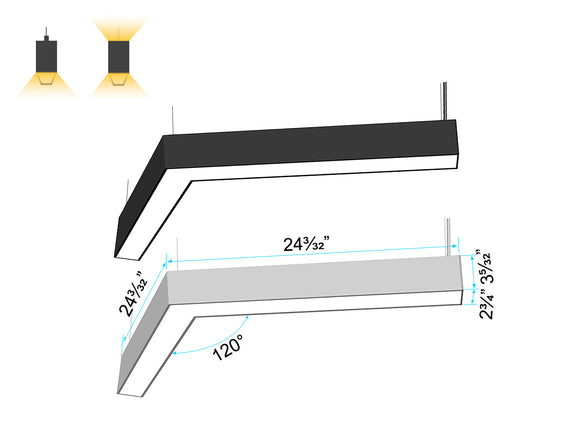 Adjustable L8070 120° L-shaped linear fixture with black and white finish options, supporting down or bi-directional lighting.