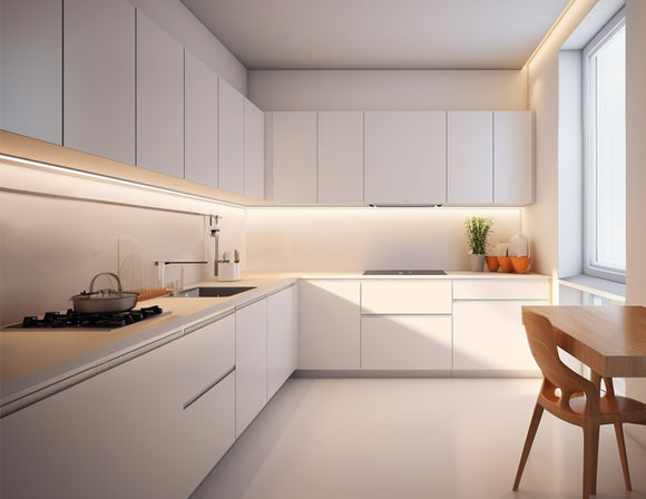 LED strip lights are used in a flexible aluminum channel to create a unique lighting design in a kitchen.