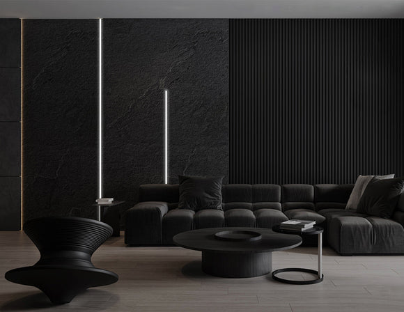 LED strip lights are used in an aluminum channel to create a unique lighting design in a living room.