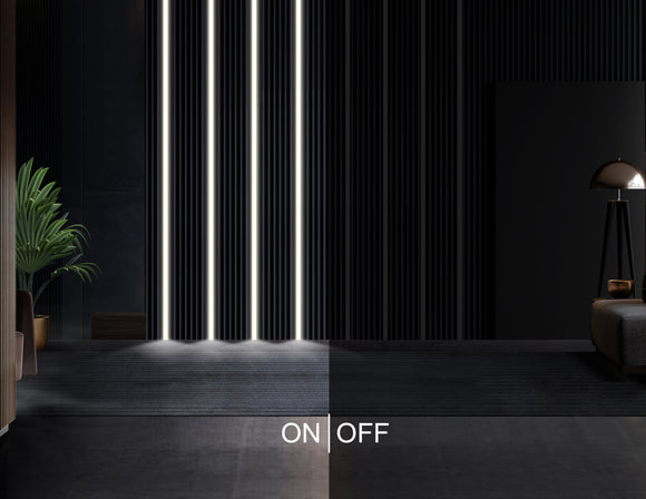 LED strip lights are used in an aluminum channel to illuminate a room. When the lights are off, the black channel blends seamlessly into the wall.