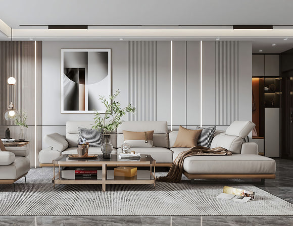 LED strip lights are used in an aluminum channel to create a unique lighting design for a living room.