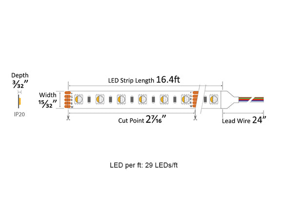 RGBW LED Strip Light - 4-in-1 Chip 5050 Color-Changing LED Tape Light - 24V - IP20 - 3000K/6000K