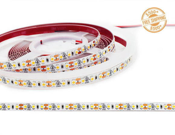 Front view of LED Strip Light - Single Color - Standard Bright - White ECO - Dry Location IP20 - 12V; dimensions of the strip light and cutting point distance is shown; a label of free shipping for orders over $500 is shown as well.