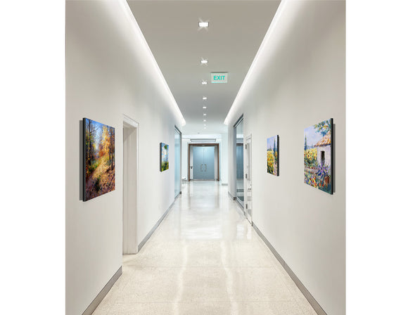 Single-color 4000K LED strip powered by 120V is applied along the corridor ceiling edge, supporting custom lengths.