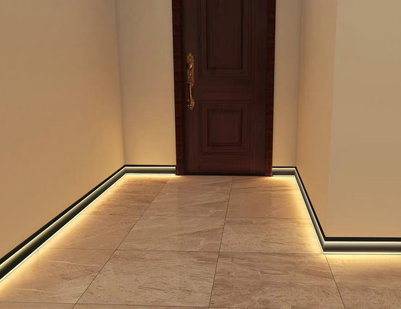 SHALLOW SKIRT J016B aluminum channel in beige finish, designed for wall-mounted skirting applications with a minimalist look.