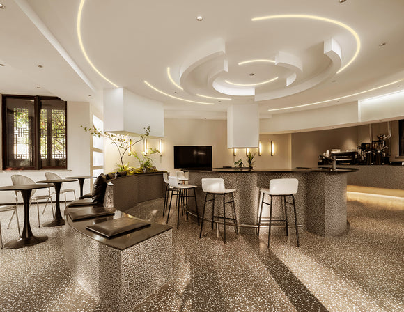 Side Bend neon light installed in a curved pattern on the living room ceiling, adding modern ambiance with smooth architectural lighting.