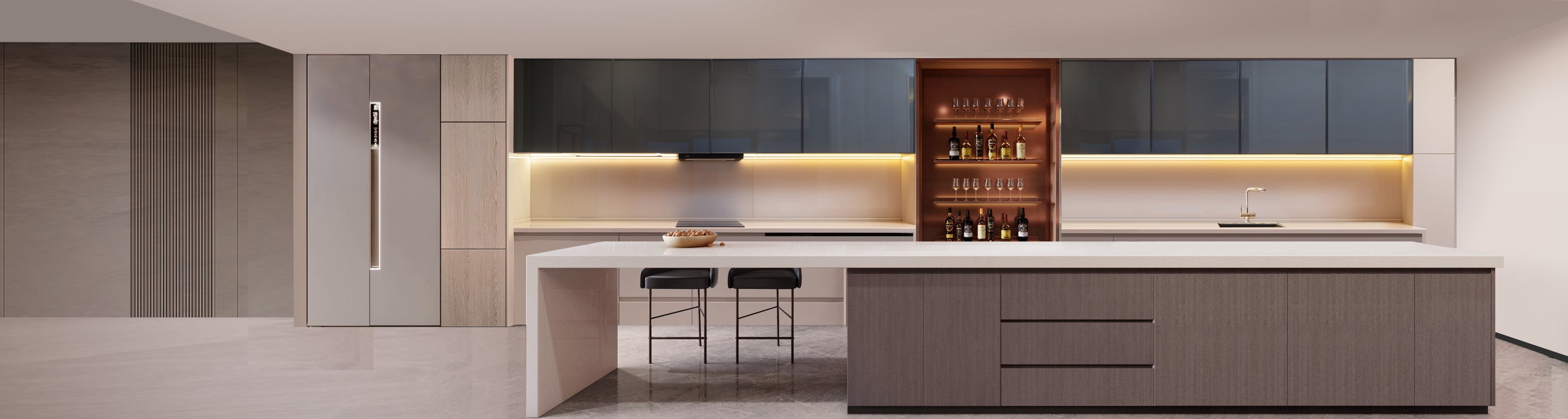 Elegant modern kitchen design featuring under-cabinet LED lighting that casts a warm ambiance over the clean lines of dark wood cabinetry and a white countertop. A built-in illuminated shelving unit showcases a selection of bottles and glassware, complemented by high-end appliances and minimalist bar stools.
