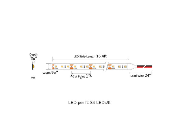 Dimensions for the wet rated ECO Series 24VDC low voltage dimmable LED strip lights shows dimensions for the length, width, and depth of the light strip, the included wires, and the cuttable increments.