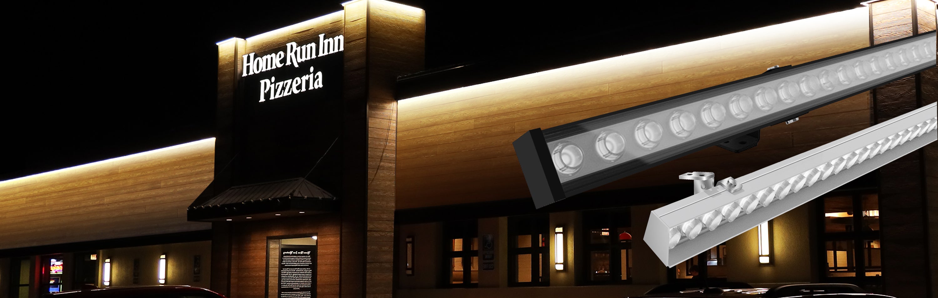 Outdoor LED wall washer creating a smooth wall grazing lighting effect on a modern building facade.