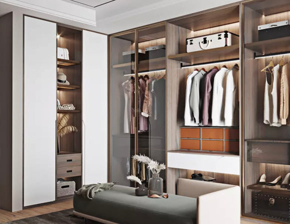 LED aluminum channel YD-1401 with LED strip lights inside illuminate clothing closet and shelves.