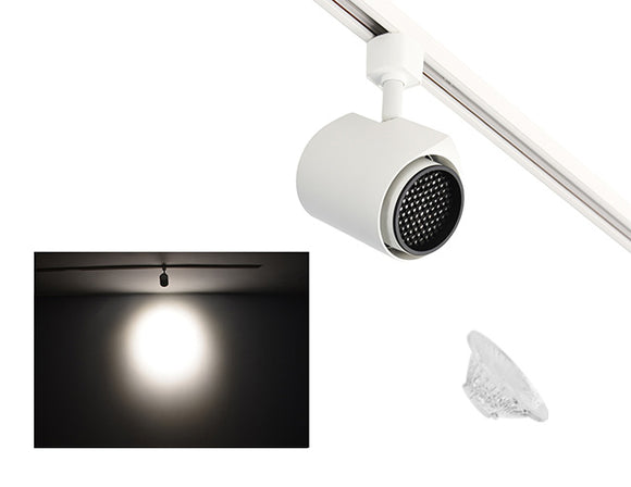 The image showcases the lighting effect produced by a white color track light with honeycomb and a 60° lens, revealing a distinct circular bright spot on the wall targeted by the track light.