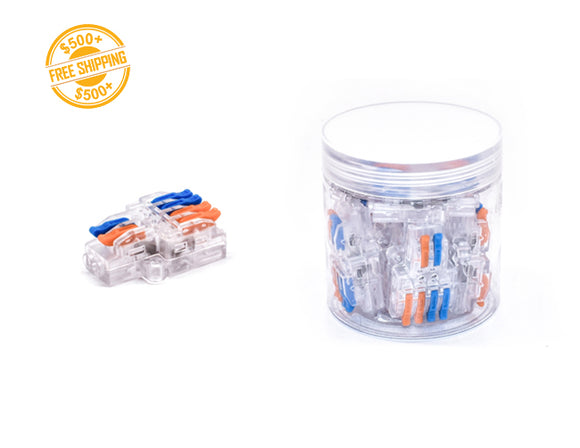 Front view of Wire Compact Splicing 2 to 4 Connectors in a bottle. A label of free shipping for orders over $500 is shown as well.