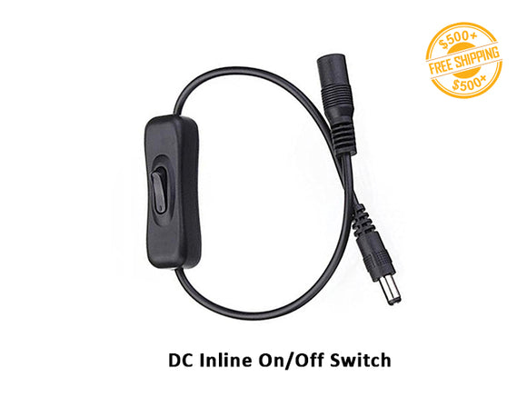 Top view of DC Inline On/Off Switch with DC Connector in black. A label of free shipping for orders over $500 is shown as well.