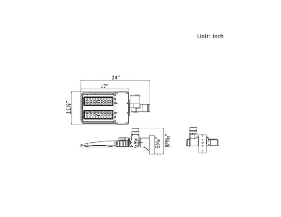 Dimensions of LED Shoebox Light 100W with compatible accessories, including an arm mount, a slip fitter, and a photocell.
