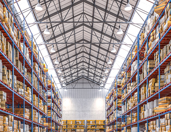 A warehouse with high bay light with LED corn bulb inside