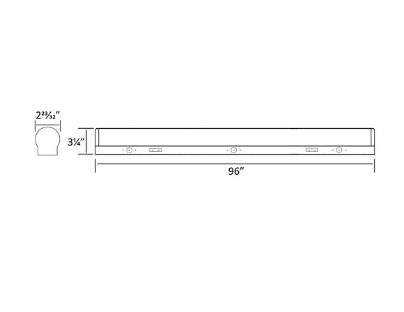 Dimensions of GL LED linear strip light fixture 8ft.