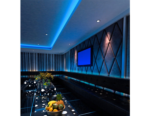 A bar uses high voltage LED strip lights for cove lighting and a curated atmosphere.