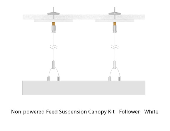 White color LED linear light suspended with suspension cables going through a white canopy at both sides using toggle bolts