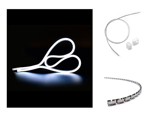 The WINT side bend neon LED lights, a side power feed kit, and a bendable mounting bracket.