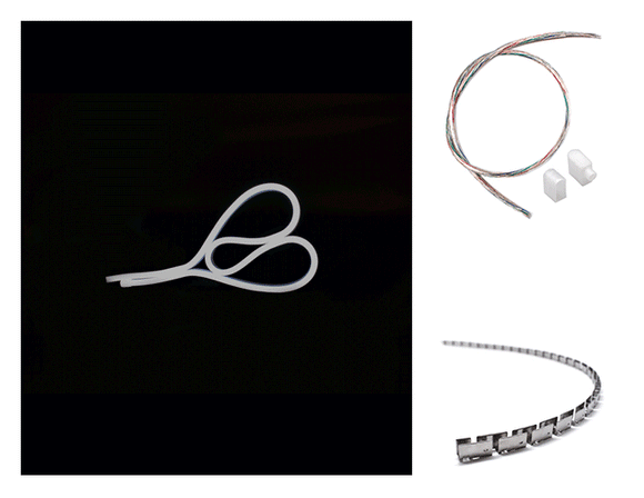 The WINT side bend neon LED lights, a bottom power feed kit, and a bendable mounting bracket.