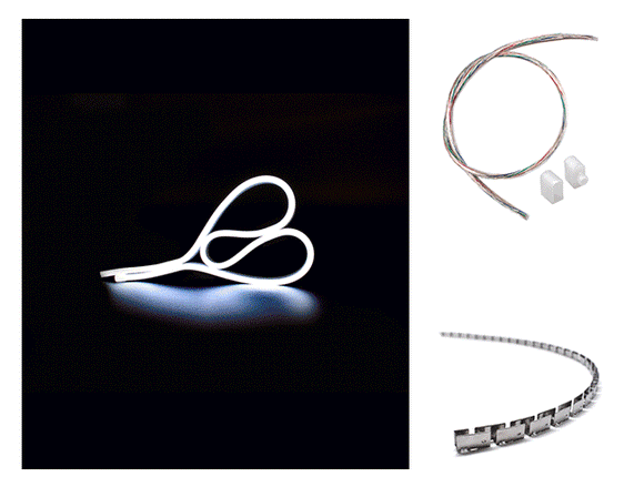 The WINT side bend neon LED lights, a rear power feed kit, and a bendable mounting bracket.