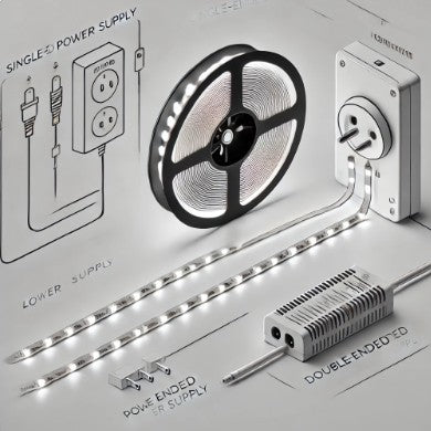 A roll of LED strip lights with various power supply sources.