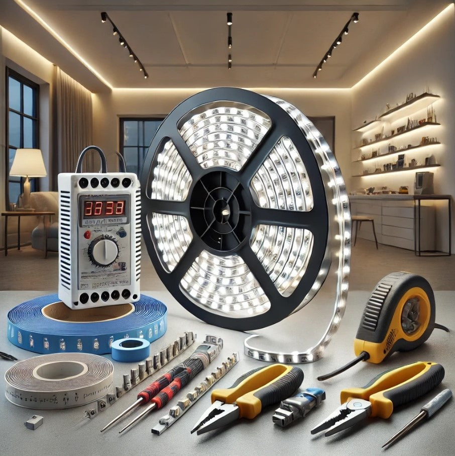 A roll of LED strip lights pictured with various tools.