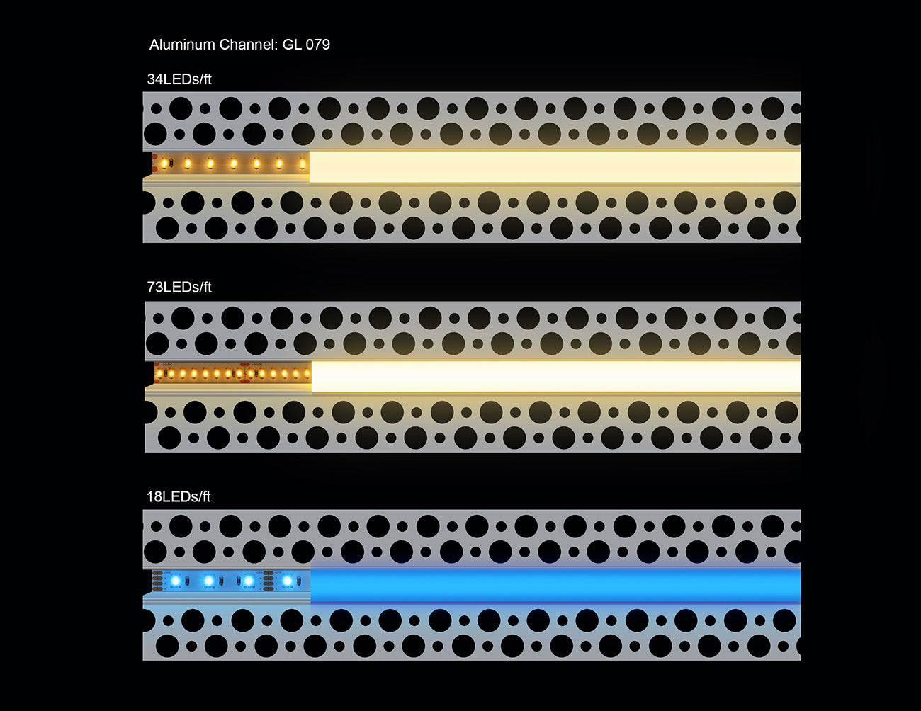 A section of LED aluminum channel GL-079 with one line of lighted LED strip light inside.