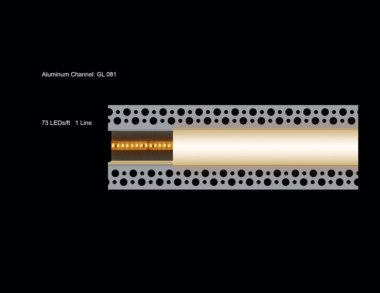 A section of LED aluminum channel wide trimless recess GL-081 silver channel clear diffuser with one line of lighted LED strip light inside.