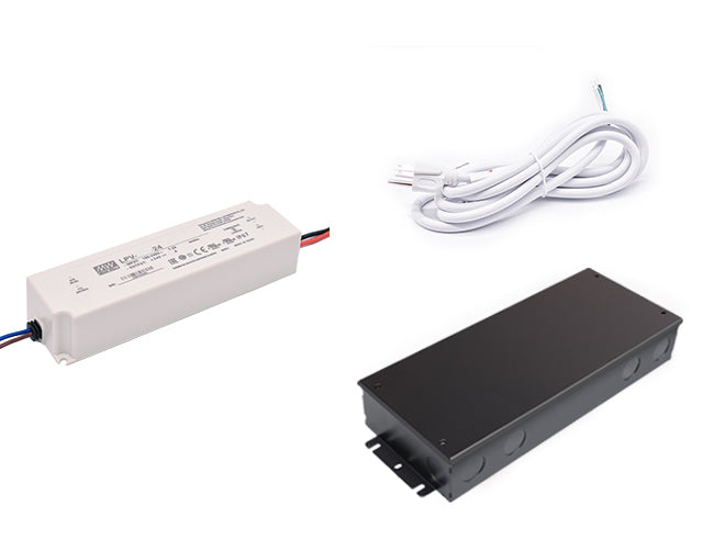 100W 24VDC LED transformer with white three-prong power cord and black junction box for LED strip light system power.